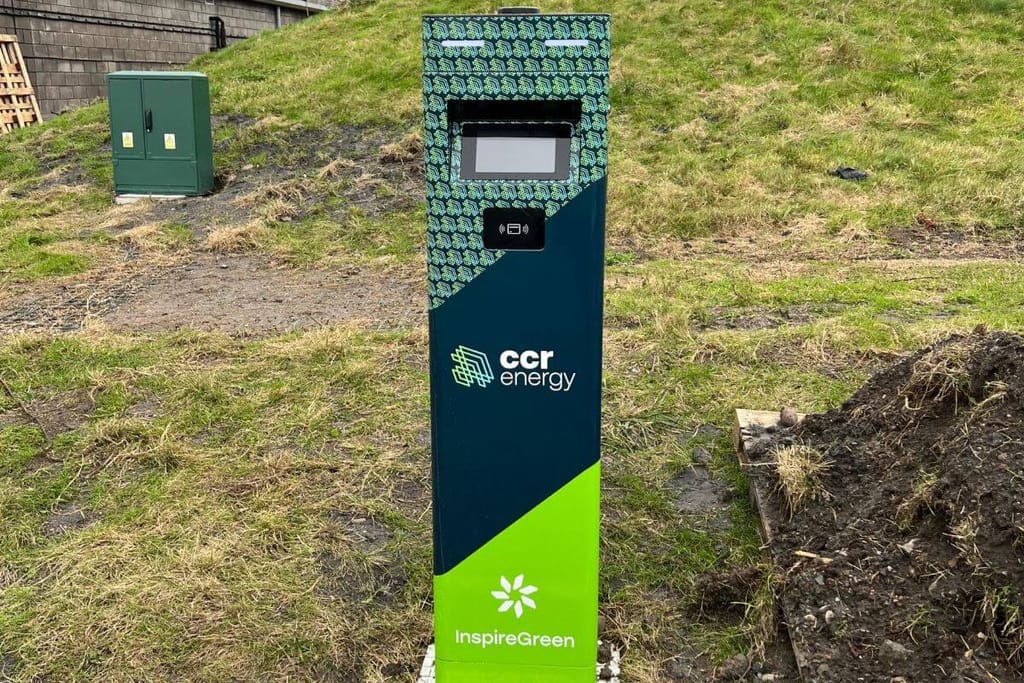 A custom EV charging point co-branded for CCR Energy.