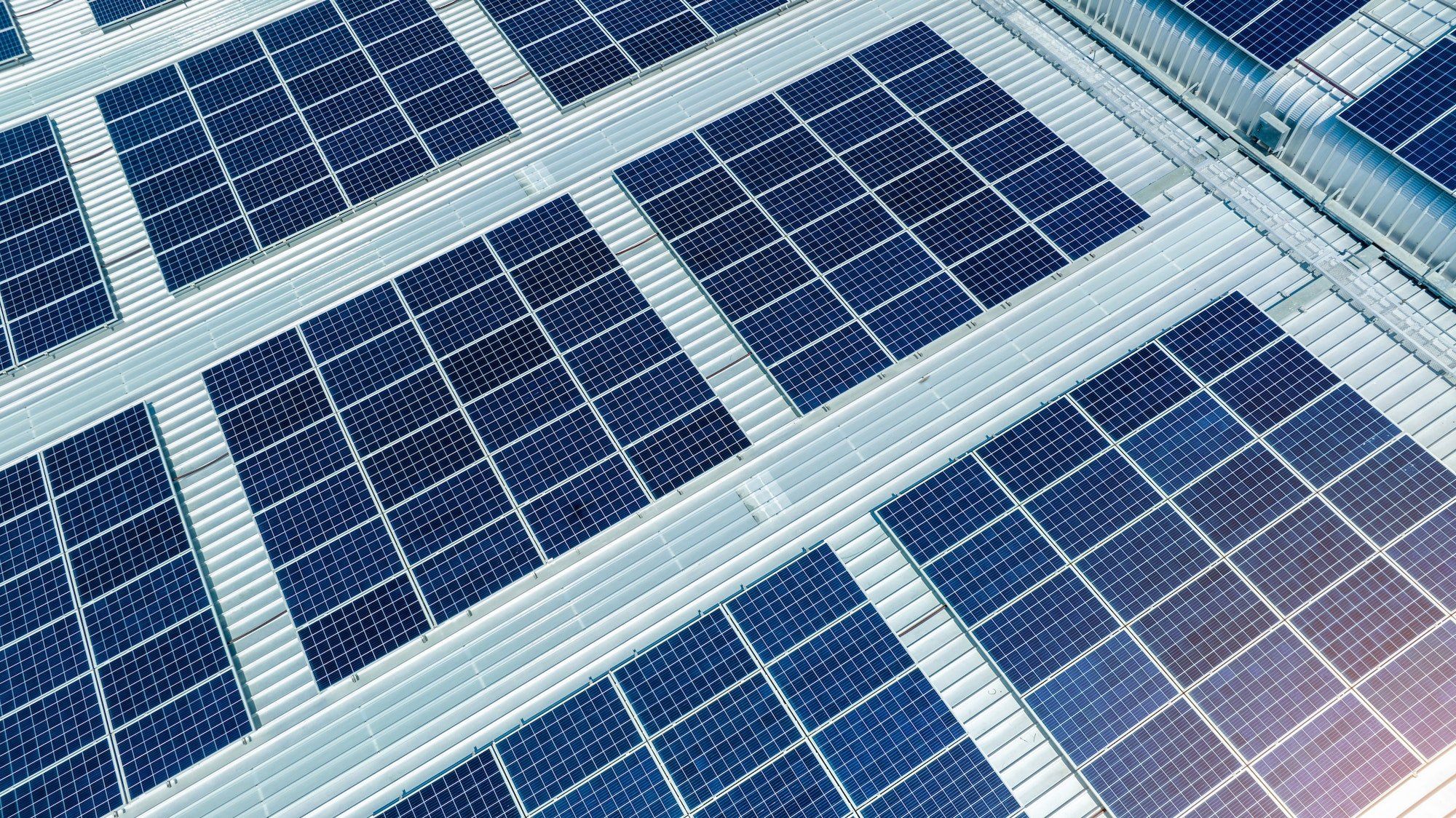 Top view Solar Cell on Warehouse Factory. Solor photo voltaic panels system power or Solar Cell