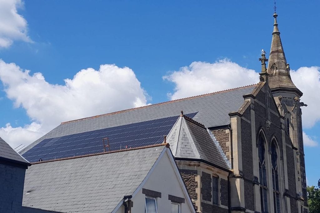In-roof solar panels on top of The Gate in Cardiff, a former church.